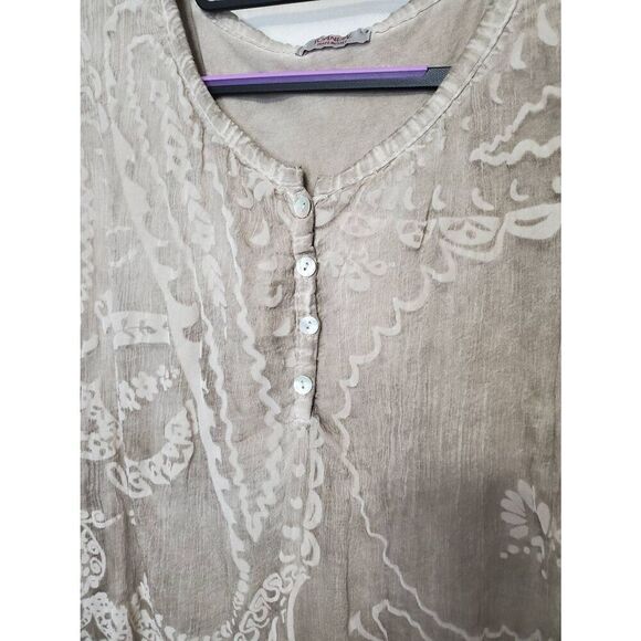 Scandal Italian Silk Lagenlook Neutral Embellished Roll Tab Sleeve Tunic Top - Picture 3 of 6